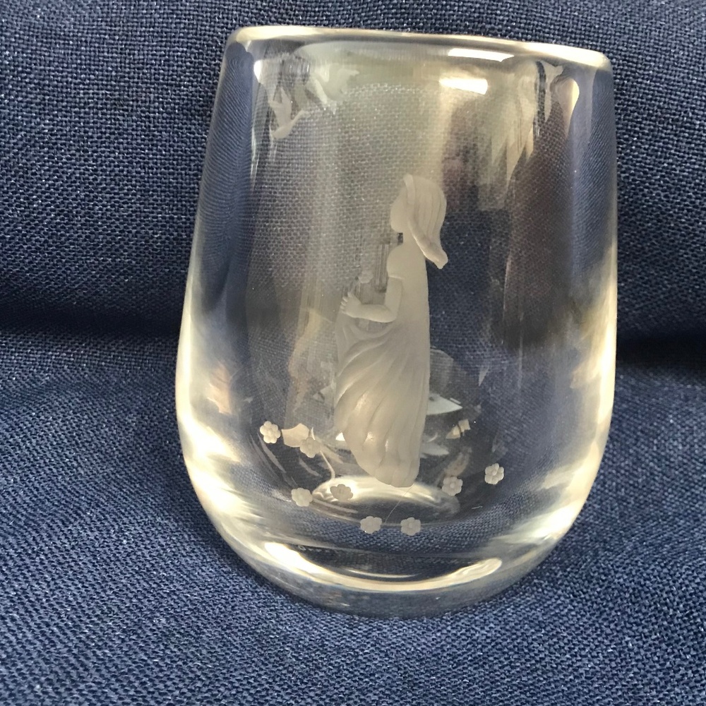 Vintage Orrefors Etched Lady / Girl w Birds Swedish Crystal Vase Signed Mint New